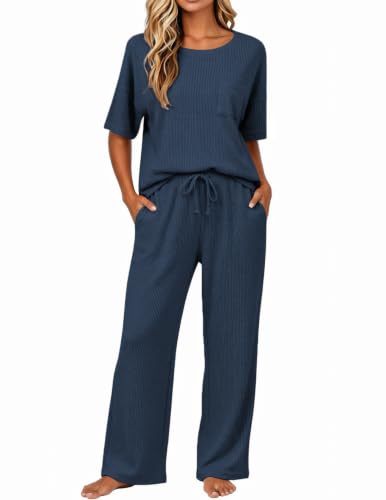 Image of JiniGolla Womens Pajama Sets Waffle Knit Short Sleeve Shirt with Long Pajama Pants Soft Sleepwear Pj Lounge Sets