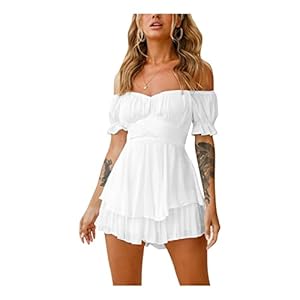 Korte Romper voor Dames Lantaarn Mouw Jumpsuit Van Schouder Shorts Sexy Ruche Playsuit