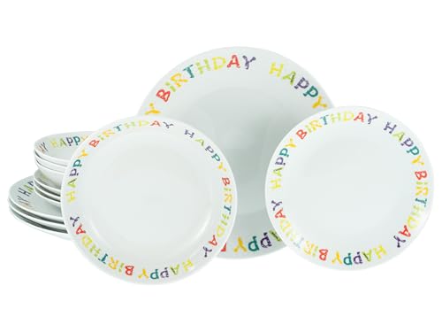 CreaTable, 24169 Série Happy Birthday Service de table 12 pièces pour 4 personnes, assiettes en porcelaine, passe au lave-vaisselle et au micro-ondes, production de qualité
