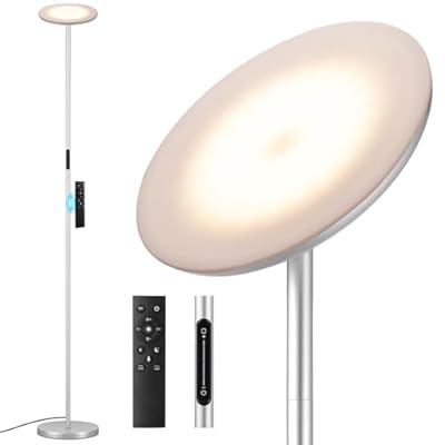 PreeOtti Modern LED Floor Lamp - Remote & Touch Control, 40W/2400LM Sky Torchiere Standing Lamp, Fully Dimmable, 3 Color Temperatures, Ideal for Living Room & Bedroom, Easy to Assemble(Sliver)