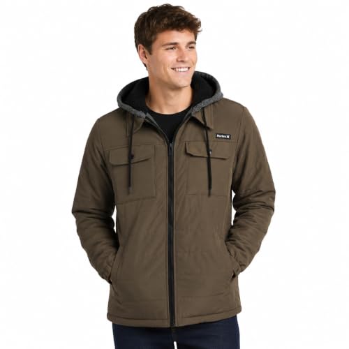 Image of Hurley Men's Voyager Jacket - Warm Insulated Fleece Jacket with Cozy Sherpa Lining - Lightweight Hooded Jacket for Men (S-XL)