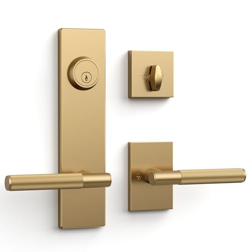 Asidrama Champagne Bronze Solid Heavy-Duty Knurled Front Door Handle Set with Deadbolt, Architectural Grade Modern Entry Door Lockset, Premium Mechanical Exterior Door Handleset, Reversible