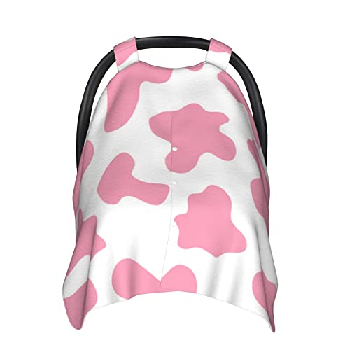 Image of Baby Car Seat Cover Pink Cow Print Infant Carseat Canopy Multi-Use for Newborn Stroller Nursing Breastfeeding Cozy Soft Windproof