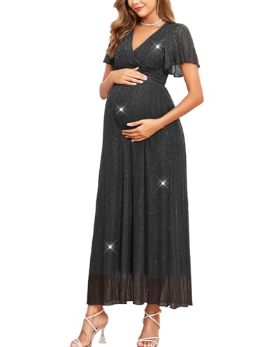 AISWI Maternity Sparkly Mesh Maxi Dress Ruffle Sleeve Wrap V Neck Flowy Pregnancy Dresses Baby Shower Photoshoot Formal, Black, Small at Amazon Women's Clothing store