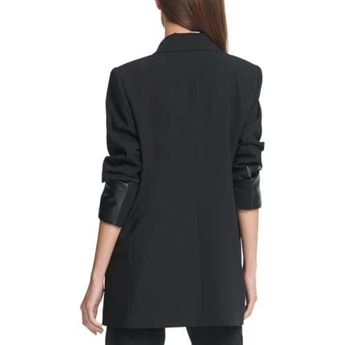 DKNY Womens Petites Faux Leather Trim Double-Breasted Blazer Black 4P2