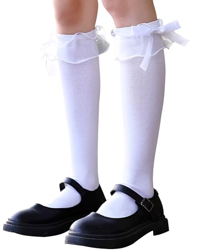 SEMOHOLLI Women Girl's Fashion Knee High Socks With Bow Lace Ruffle Trim Cute Cotton Socks