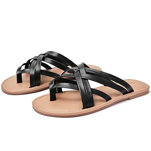 Image of Luoika Women's Wide Width Flat Sandals, Flip Flop Slides Sandal Casual Strapy Sandal Slip on Summer Beach Shoes for Women.