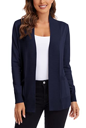 Urban Coco Women's Lightweight Open Front Knit Cardigan Sweater Long Sleeve With Pocket (Navy Blue, L) #TOP1