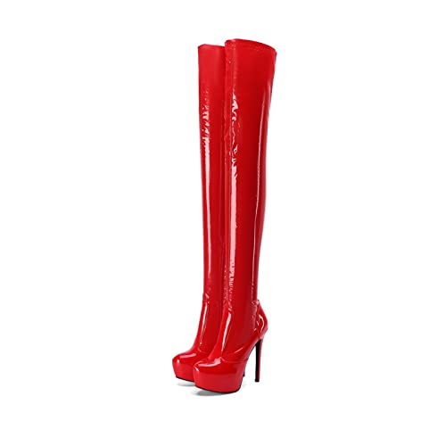 Frankie Hsu Botas de tacón de aguja rojo con plataforma de charol sintético sobre la rodilla, estilo clásico y sexy hasta el muslo, botas altas por encima de la rodilla para mujer, talla 4-19 de EE.