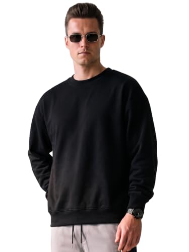Image of Veirdo Cotton Poly Fleece Oversized Fit Full Sleeves Ribbed Solid Crew Neck Sweatshirt for Men