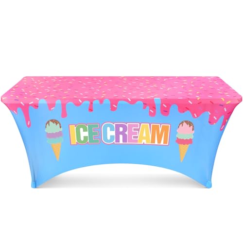 Oudain 6 ft Ice Cream Concession Stand Tablecloth Stretch Spandex Table Cloth Cover Rectangle Table Decorations for Small Business Concession Stand Party Supplies
