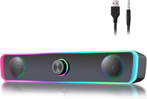 INGONEON RGB PC Soundbar, 2.0 Kanal Computer Lautsprecher mit Beleuchtung, USB betrieben, Stereo Sound, 3.5mm AUX-Eingang, SunBar Lautsprecher für Desktop (K-2853-EU)