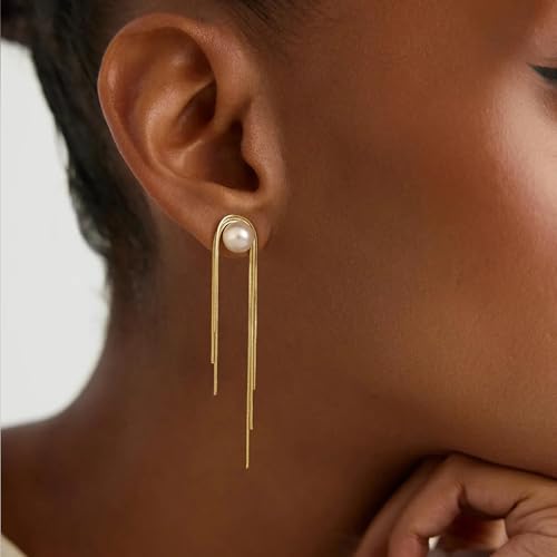 14K Gold/Silver Plated Dangle Earrings for Women Dainty Long Tassel Drop Earrings, Hypoallergenic Dangling Lip Block Snake Chain Leaf Twisted Threader Earrings for Women Jewelry2