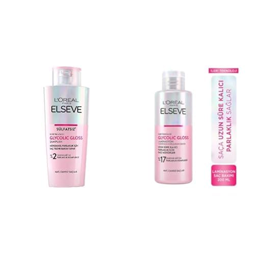 L'ORÉAL PARIS Seti | Elseve Glycolic Gloss Mükemmel Parlaklık için Bakım Yapan Şampuan 200 ml x1 + Elseve Glycolic Gloss Parlaklığı Saça Mühürleyen Laminasyon 5 Dakikada Durulanan Bakım 200 ml x1