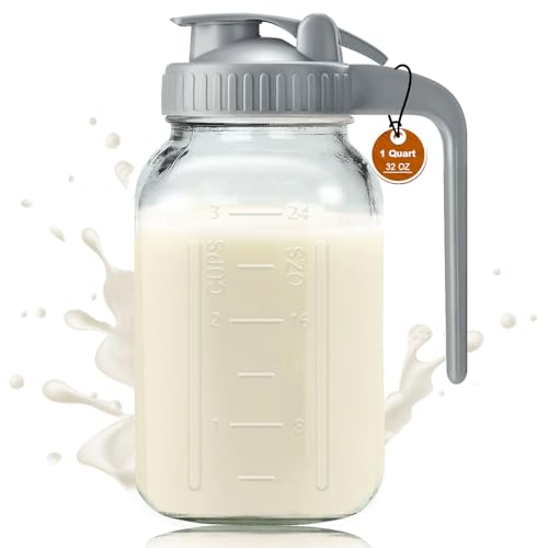 Image of Glass Pitchers with Lid and Handle, 32oz Breast Milk Pitcher, 1 Quart Wide Mouth Mason Jar, Leak-proof Glass Water Pitcher, Creamer Container for Cold Brew, Sun Tea, Juice, Iced Coffee-Gray/1 Pack