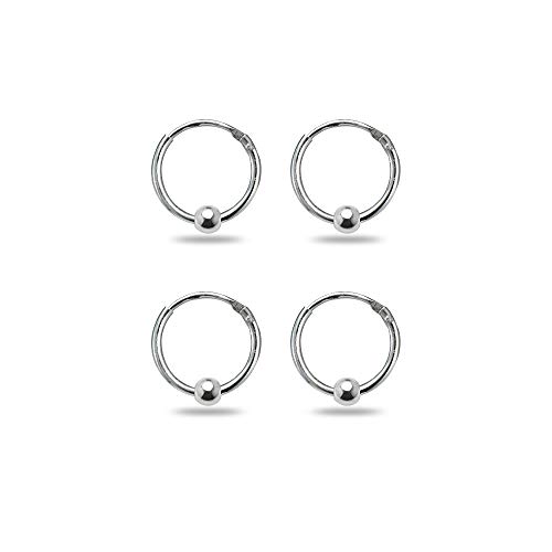 Sterling Silver Ball Bead Small Endless 10mm Thin Round Unisex Hoop Earrings for Men Women Set of 2 Pairs