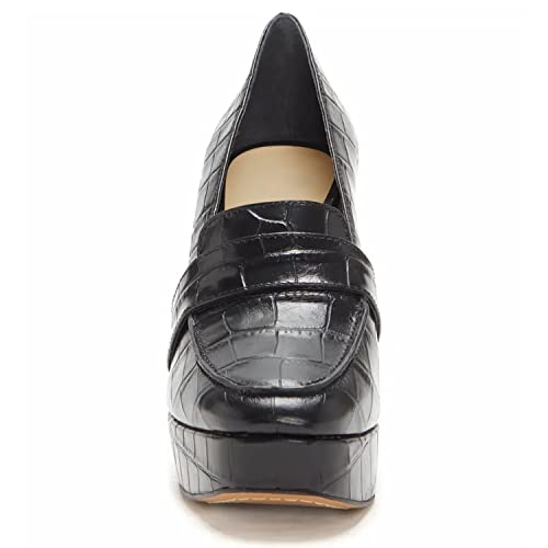FOWT Women Chunky Heel Loafer, Stylish Square Toe High Heel Shoes, Slip-on Crocodile-Textured Black Pumps, Platform Office Loafer Ladies, Full Size 4-16 M US2