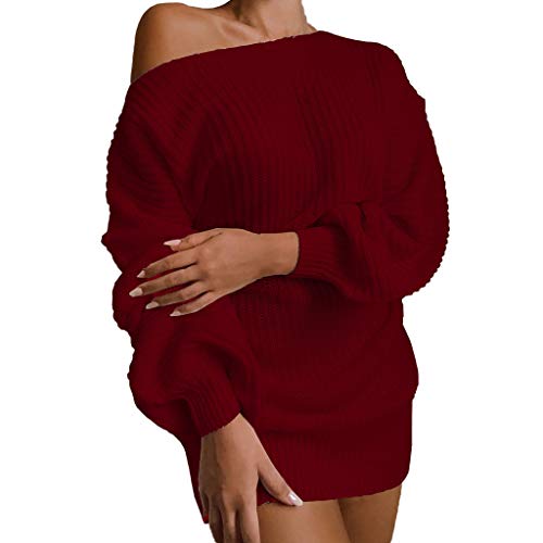 ACemt Pull en tricot pour femme - Robe courte sexy - Robe d'hiver à manches longues - Robe portefeuille - Épaules dénudées - Avec ceinture - Mini robe cintrée - Doux - Couleur unie - Robe d'automne -