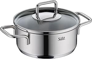 Silit Extra Cook Mini Stewing Pot 14 cm with Glass Lid, Inner Scale, Wide Pouring Rim, Quality, Dishwasher-Safe Crominox Stainless Steel, Small Portions, Stackable Space-Saving, Drip-Free
