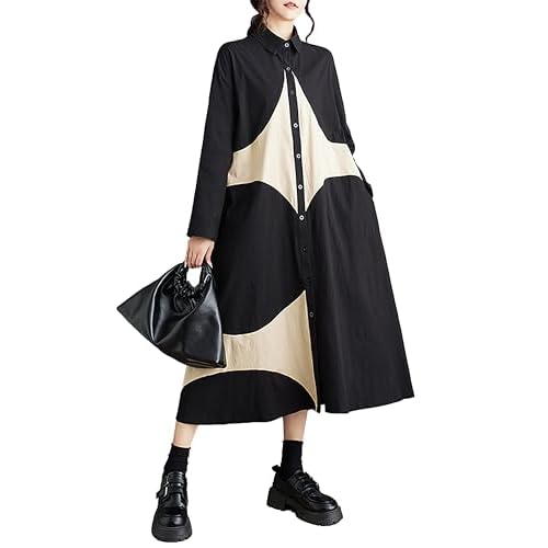 Women's Shirt Dress Lapel Collar Button Down Long Sleeve Below Knee Loose Oversize GZ291 Black Small-X-Large