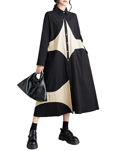 Image of ellazhu Womens Fall Casual Patchwork Funky Long Sleeve Designer Dress Loose Blouse GY2787 A