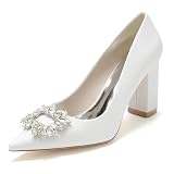 TarfiC Women’s Rhinestone-Embellished Slip-On Closed-Toe Chunky Low Block Heel Pumps | Pointed-Toe High Heel Sandals for Weddings & Dresses White