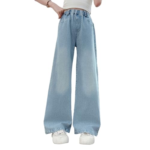Tween Girls Wide Leg Jeans, Elastic Waistband Casual Denim Pants with Heart-Shaped Embroidery Pockets for Girls2