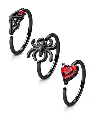 COCHARM 3PCS Black Spider Nose Ring 20g Nose Hoop Nose Ring Spider Web Halloween Nose Hoop for Women Men 8mm Hoop Nose Piercing 20g Nose Piercing Jewelry