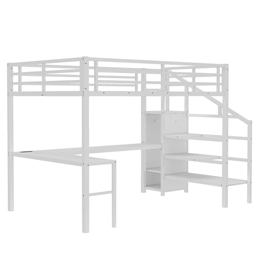 Image of Bellemave Queen Size Loft Bed with Desk and Wardrobe Storage Stairs and Wardrobe, LED USB, Loft Bed Full Size for Teens Metal, White