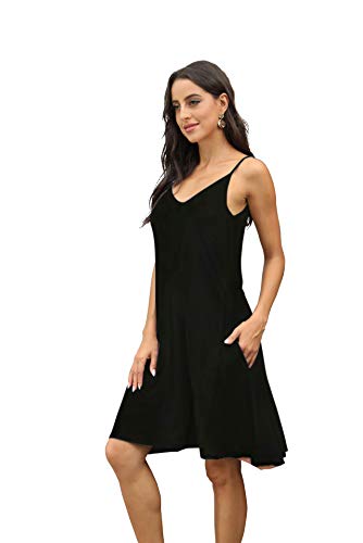 Image of Women's Summer Spaghetti Strap Casual Swing Tank Beach Cover Up Dress with Pockets