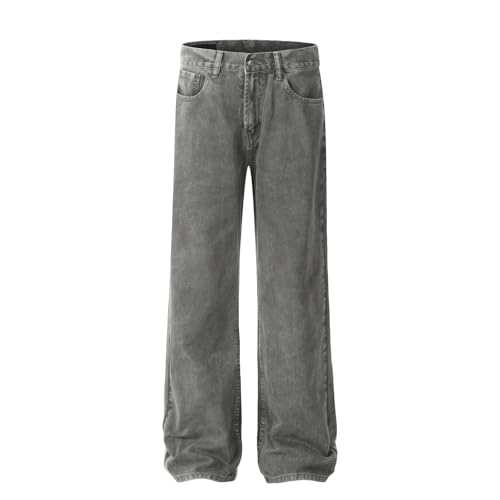 Jeans Pants Trousers Denim Retro Trendy Street Washed Grey Grinding White Loose Casual Straight Commuter for Men
