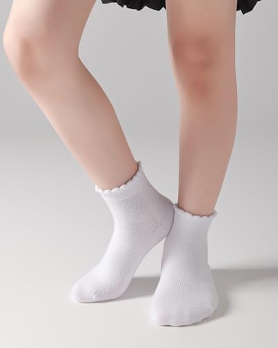 Girls White Ruffle Socks 6 Pairs,Girls Ankle Socks for School Uniform Seamless Cotton Dress Sox 4-6/6-8/9-12 Years3