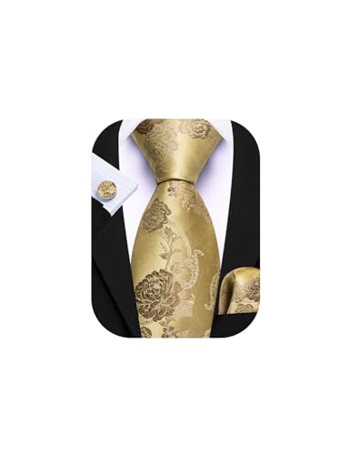 Image of Barry.Wang Flower Ties for Men Silk Woven Floral Tie Sets Necktie Handkerchief Cufflinks Wedding Party