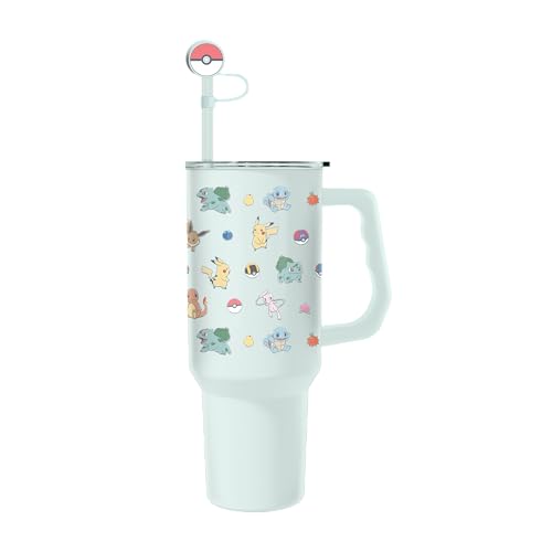 Image of Silver Buffalo Pokemon Snack Time 40oz Stainless Steel Tumbler with Straw Cover Cap, Lid, Straw and Handle