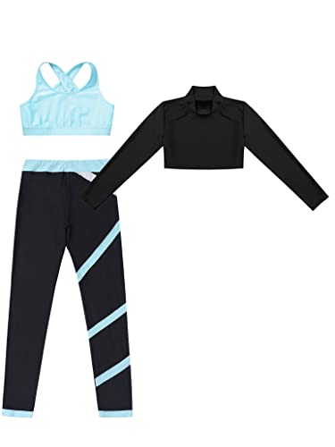 Kids Girls 3 Piece Dance Outfits Sports Bra Long Sleeve Crop Top Athletic Leggings Set Gymnastics Tracksuit3