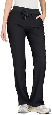 COZYFIT Scrub Pants for Women, Straight-Leg Cargo Pants, Black, M