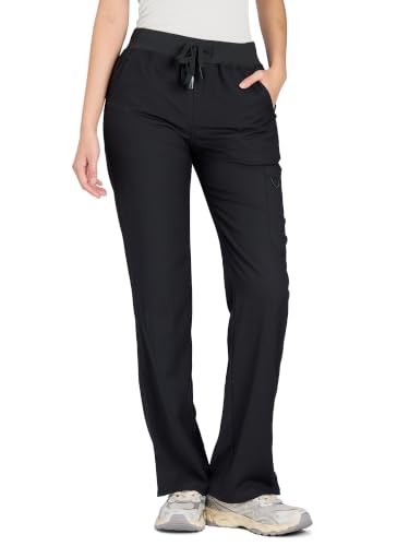 COZYFIT Scrub Pants for Women - Straight-Leg Cargo Pants with 3 Pockets, Drawstring Scrub Pants,Black,M