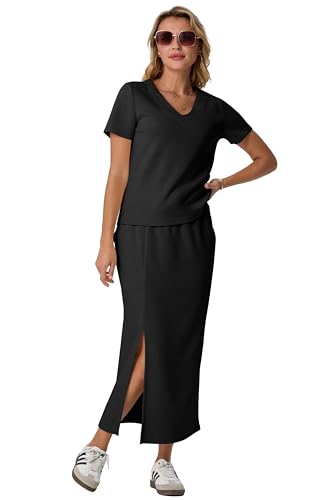 Image of GRECERELLE Women Summer Casual 2 Piece Sets V-Neck Wrinkle-Free Top & Elastic Waist Midi Side Slit Skirt with Pockets
