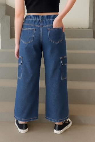 Image of ADBUCKS Stretchable High Rise Cargo Style Wide Leg Jeans for Girls II Girls Jeans