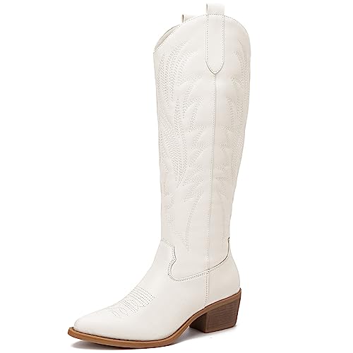 GLOBALWIN White Cowboy Boots For Women Knee High Boots Western Embroidered Cowgirl Boots 8M
