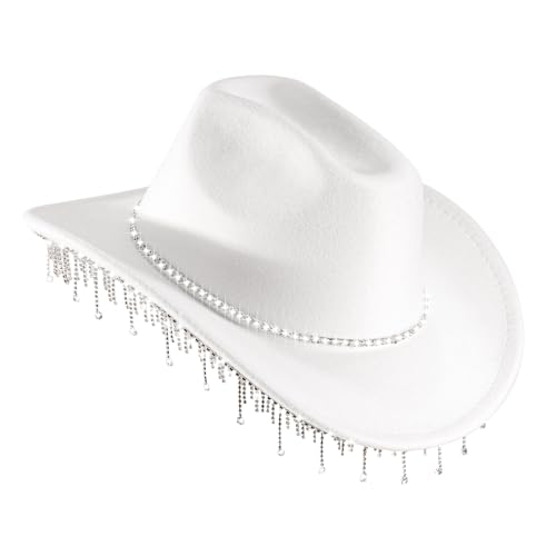 White Cowgirl Hat Cowboy Hat Rhinestone Womens Bling Diamond-Glitter Disco Western Hat with Tassel