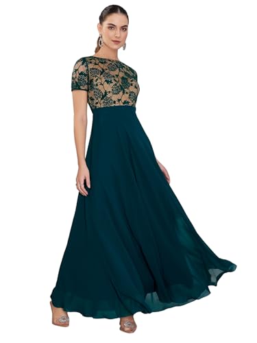 Image of Miss Chase Women's V-Neck Full Sleeve Self Design Lace-Overlaid Georgette Maxi Dress