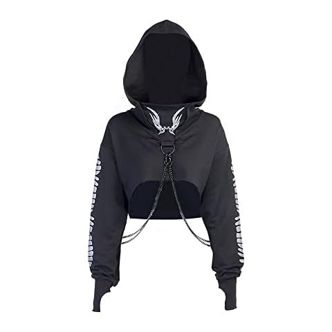 Meowcos Women's Gothic Punk Crop Top Long Sleeve Hoodies Fish Bone Print Reflective Chain Hoodies (L, Black) Cover
