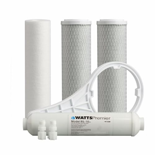 Watts Premier Bi-Annual Standard RO 5-Stage & 6-Stage Premium Carbon Block Filtration Kit for Reverse Osmosis System, Sediment Filter, 2 Carbon Pre-Filters, 10" GAC Inline Post-Filter, Housing Wrench
