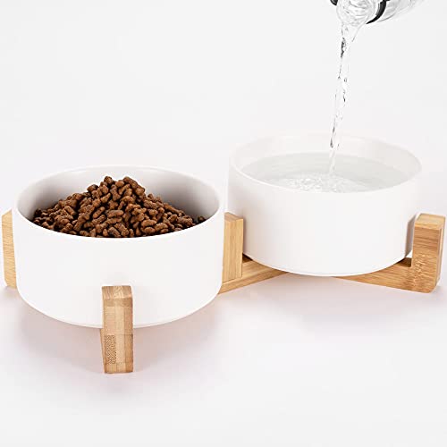 Dog Bowl, Raised Dog Food and Water Bowl, Ceramic Dog Bowl Set with Non-Slip Wood Stand for Medium Sized Dog and Cat, 28…