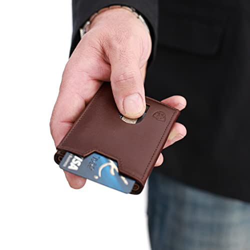 TRUVA Minimalist Slim Front Pocket RFID Blocking Trifold Genuine Handmade Leather Wallets for Men with Gift Box (brown)3