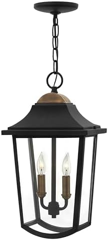 Hinkley Burton Medium Hanging Outdoor Lantern, Aluminum, Clear Beveled Glass, Distressed Copper Accents, Black Finish