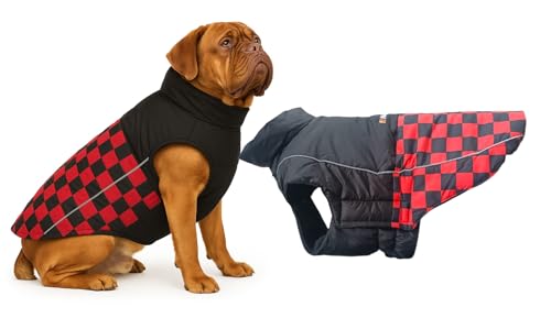 Image of The Pets Company Dog Winter Coat Jacket, Clothes, Windproof, Waterproof, Light Weight, Washable, Ultra Warm Thick Fleece Lined Dog Vest for Cold Weather Protection, (Red Check, XX-Large - 30 Inch)