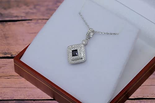 14K White Gold Genuine Sapphire 1/4 Ct Square, Diamond Pendant Necklace4