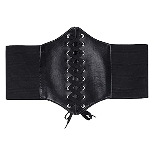 Aabellay Damen Schnürkorsett Elastisches Breites Band Leder Taille Gürtel Bandage Elastizität Gurt Kostüm Kleid Taillengürtel Gebundener Waspie Taille Gürtel Hüftgurt – Schwarz